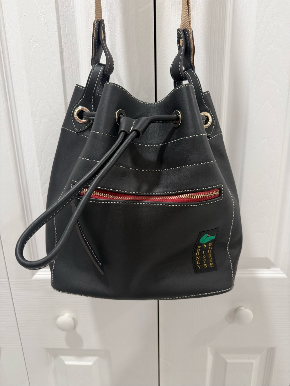 Black Drawstring Bucket Bag with Front Zip